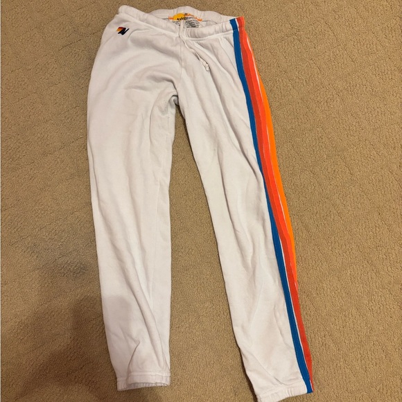 Aviator Nation Pants - Aviator Nation White Track Pants with Blue and Orange Stripes